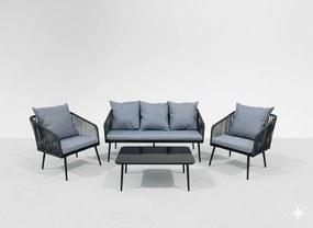 Garden Line SÚPRAVA ZÁHRADNÉHO NÁBYTKU Z TKANÉHO LANÁ (2 KRESLÁ + SOFA + STÔL) – ANTRACITOVÁ, VANKÚŠE – ŠEDÁ *8500