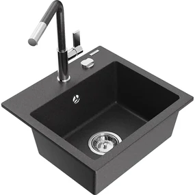Mexen Milo, 1-komorový granitový drez 435x410x171 mm a drezová batéria Flora, čierna-zlatá metalíza, 6505-76-670401-08
