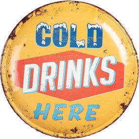 Žltá nástenná kovová okrúhla ceduľa na stenu Cold drinks Here - Ø 35*2 cm