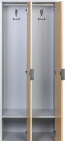 Drevená šatníková skrinka S4 s lavičkou, 2 oddiely, 1871 x 600 x 500/800 mm, demont, RFID zámok, sivá/buk