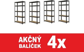 Akcia 4x Regál 200x60x40 cm lakovaný 5-policový, nosnosť 875 kg - čierny - 4ks