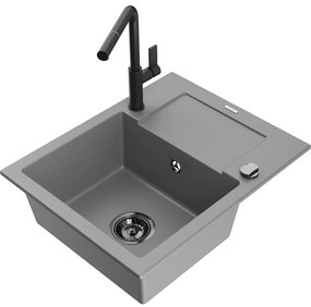 Mexen Enzo, 1-komorový granitový drez 576x465x174 mm a drezová batéria Flora, šedá, 6506-71-670401-70-B