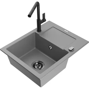 Mexen Enzo, 1-komorový granitový drez 576x465x174 mm a drezová batéria Flora, šedá, 6506-71-670401-70-B