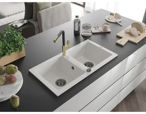 Mexen Mario, 2-komorový granitový drez 820x436x161 mm a drezová batéria Flora, biela, 6504-20-670401-57-B