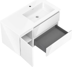 Mexen Orio, kúpeľňová skrinka 90 cm s pravým umývadlom Otis, 2S, 1D, biela lesklá, 91A13-09047-3-BBFFF00-W18P00