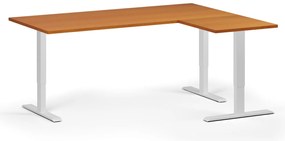 Výškovo nastaviteľný stôl, 180x140 cm, 3 motory, L/P, biela podnož, čerešňa