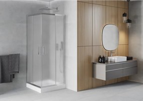 Mexen Rio, štvorcový sprchovací kút s posuvnými dverami 80(dvere) x 80(dvere) x 190 cm, 6mm sklo námraza, chrómový profil + biela sprchová vanička RIO, 860-080-080-01-30-4510
