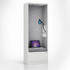 Kancelárska akustická kabína so sedadlom a portom USB-C, telo v biely / sedák sivá v zelenej farbe, 600 mm: SALLY MentalBox