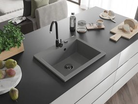 Mexen Elix, 1-komorový granitový drez 600 x 500 mm, sivý, čierny sifón - 6525601005-71-B