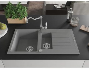 Mexen Matias, granitový drez 900x505x200 mm, 1,5-komorový a drezová batéria Carla, šedá, 6502-71-670700-00