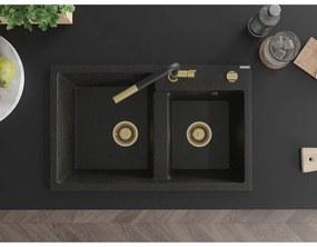 Mexen Tomas, 2-komorový granitový drez 800x500x190 mm a drezová batéria Flora, čierna-zlatá metalíza, 6516-75-670401-57-G