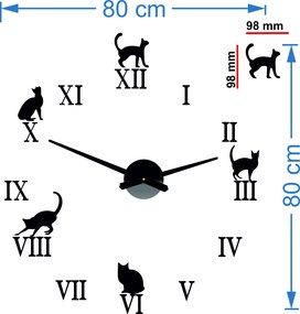 Nalepovacie hodiny na stenu mačky - DIY CAFORD: Čierna Ral 9005 Čierne ručičky 80 cm 3707-33361 12P020 2D CLOCK HEU-