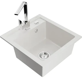 Mexen Vito, 1-komorový granitový drez 520x490x210 mm, chrómová batéria Rita, biela, 6503-20-670300-00