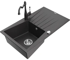 Mexen Cesar, 1-komorový granitový drez 775x470x190 mm a drezová batéria Carla, čierna škvrnitá, 6514-76-670700-76