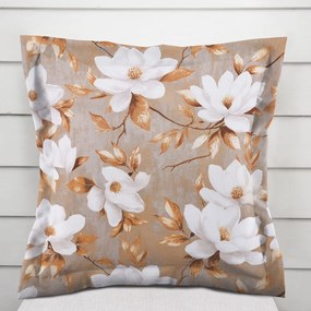 Biante Bavlnená obliečka na vankúš s lemom Sandra SA-717 Biele kvety magnólie na hnedosivom 45 x 45 cm