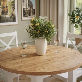 Okrúhly jedálensky stôl EDWIN zlatý dub kraft + biele nohy Typ stola: Rozkladacia verzia +40cm