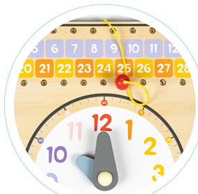 Drevená manipulačná tabuľa s kalendárom a hodinami