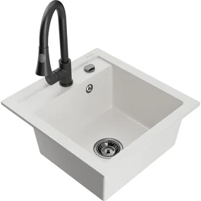 Mexen Vito, 1-komorový granitový drez 490x520x210 mm a drezová batéria Elia, biela, 6503-20-670101-70