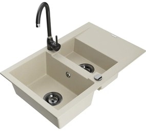 Mexen Gaspar, granitový drez 737x475x177 mm, 1,5-komorový a čierna batéria Telma, béžová, 6507-69-670200-70