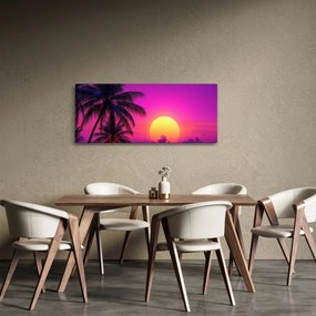 Obraz - Fialový západ s palmou (120x50 cm)