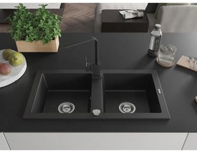 Mexen Mario, granitový drez 820x436x161 mm, 2-komorový, čierna s chrómovým sifónom a čierna drezová batéria Rita, 6504-77-670300-70