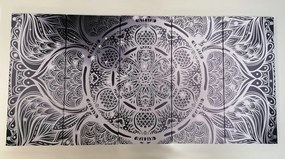 5-dielny obraz indická Mandala s galaktickým pozadím v čiernobielom prevedení - 100x50