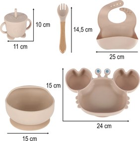 KIK Baby Crab silikónová detská sada riadu 9 ks, béžová