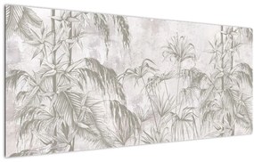 Obraz - Tropické rastliny na stene v šedej (120x50 cm)
