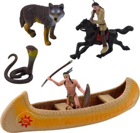 LEAN Toys Sada figúrok z indiánskej dediny Indiánsky kanoe Totem