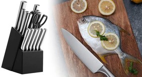 16-dielna súprava nožov z nehrdzavejúcej ocele v drevenom držiaku, s brúskou a nožnicami