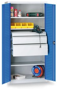 Dielenská kovová skriňa na náradie KOVONA, 2 police, 5 zásuviek, zváraná, nosnosť 50 kg, 950 x 500 x 1950 mm