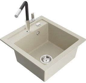 Mexen Vito, 1-komorový granitový drez 490x520x210 mm a drezová batéria Flora, béžová, 6503-69-670401-07
