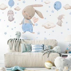 Nálepky na stenu - Svetlomodré nálepky so zajačikmi a hviezdičkami