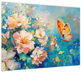 Sklenený obraz - Motýľ a kvety, olejomaľba II. (70x50 cm)