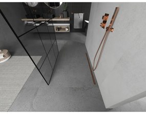 Mexen Kioto, priechodná sprchová zástena 110 x 200 cm, 8mm číre sklo - čierny vzor, 2x zlatá stabilizačná rozpera, profil ružové zlato, 800-110-002-60-77