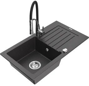 Mexen Pablo, 1-komorový granitový drez 752x436x161 mm a drezová batéria Aster, čierna škvrnitá, 6510-76-73450-07