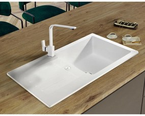 Sink Quality Natalie, kuchynský granitový drez 770x450x170 mm + zlatý sifón, biela, SKQ-NAT.W.1KDO.XG