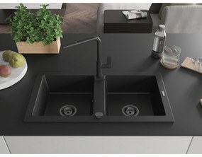 Mexen Mario, 2-komorový granitový drez 820x436x161 mm a drezová batéria Flora, čierna, 6504-77-670401-70-B