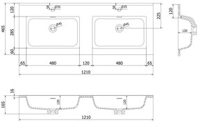 Mexen Otis, dvojité umývadlo zapustené do dosky 121 × 46,5 cm, biela matná, 25181201D