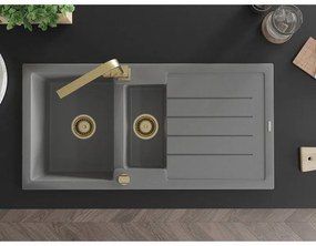 Mexen Andres, granitový drez 1000x500x200 mm, 1,5-komorový, šedá so zlatým sifónom a zlatá drezová batéria Rita, 6515-71-670300-50