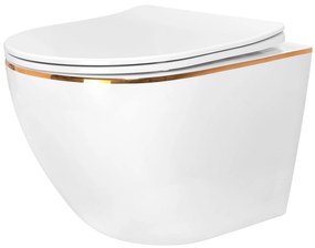 Rea Carlo Mini, závesná WC misa 49x37 cm Rimless s pomaly padajúcim toaletným sedadlom, biela-zlatý okraj, REA-C1222