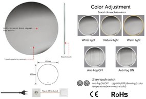 Erga Sofia, okrúhle LED zrkadlo 120cm, 2760 lm, 3 farby svetla, ERG-V01-207-1212