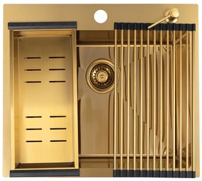 Laveo Malawi, 1-komorový nerezový drez s príslušenstvom 580x500x200 mm, zlatá matná, LAV-SLMAG10D