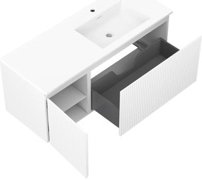 Mexen Rivel, kúpeľňová skrinka 120 cm s pravým umývadlom Otis, 1S, 1D, drážkovaná, biela matná, 91A23-12047-3-BBFF01-W18P01