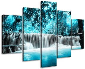 Gario Obraz s hodinami Vodopád v modrej džungli - 5 dielny Rozmery: 150 x 70 cm