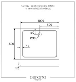 Cerano Piato, obdĺžniková sprchová vanička z liateho mramoru 100x80x3 cm, biela matná, CER-CER-476957