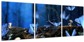 Obraz modrých motýľov (s hodinami) (90x30 cm)