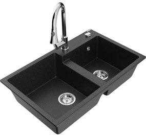 Mexen Tomas, 2-komorový granitový drez 800x500x190 mm a drezová batéria Elia, čierna-strieborná metalíza, 6516-73-670101-00