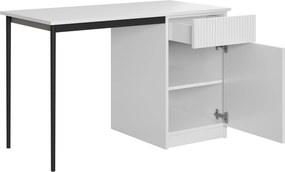 Biely písací stôl Nicole 120 cm s jednými dverami a zásuvkou - biely mat / čierne nohy