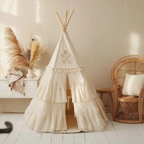 Boho stan teepee s volánikmi a výšivkou béžový